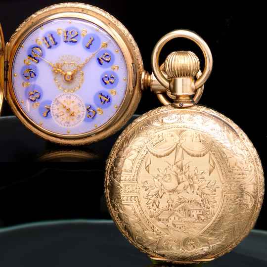 14K Gold Hunter Case Waltham Pocket Watch with Exceptional Blue
